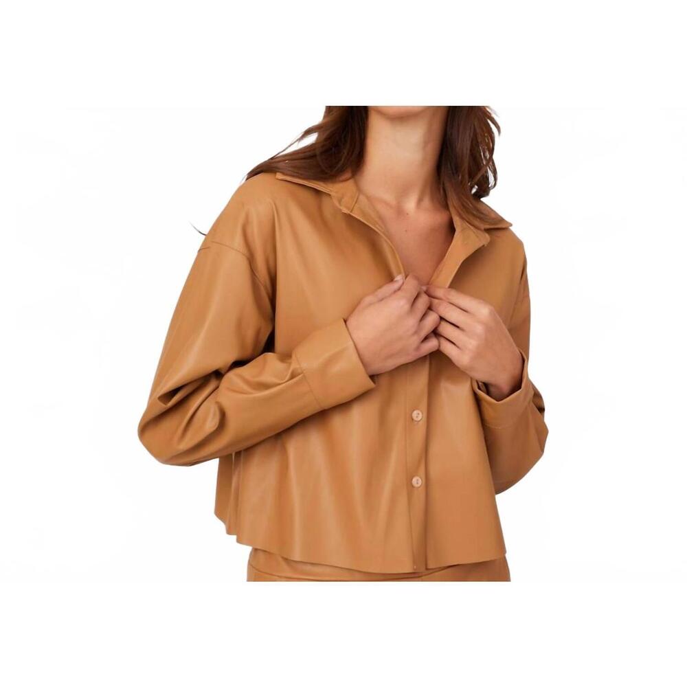 NEW ASTRID faux leather button front shirt in camel